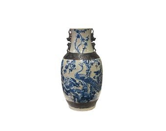 Vintage Chinese Crackle Ceramic Blue White Flower Birds Vase ws3779E