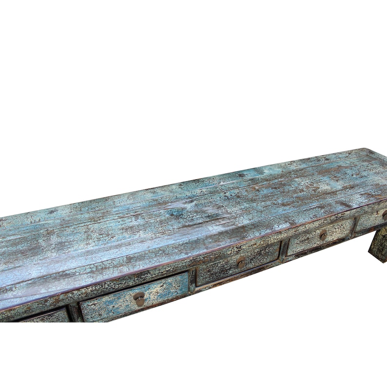 Chinese Distressed Teal Blue Green 4 Drawers Low Bench Cabinet Table cs4551E