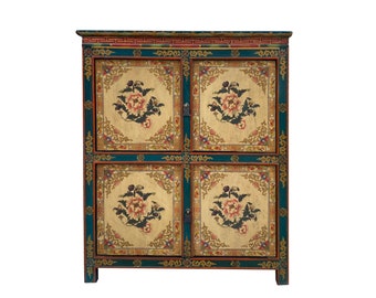 Chinese Tibetan Treasure Color Flower Graphic Credenza Storage Cabinet cs7465E