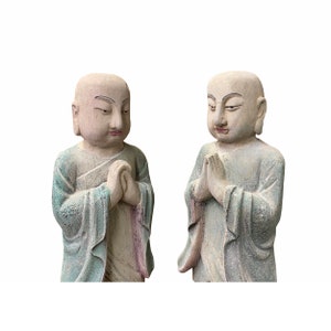 Pair Chinese Color Rustic Wood Standing Lohon Monk Statues ws1517E image 2