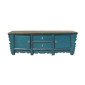 Oriental Distressed Rustic Teal Blue Lacquer Low Console Table Cabinet cs4622E image 3