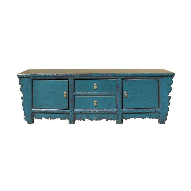 Oriental Distressed Rustic Teal Blue Lacquer Low Console Table Cabinet cs4622E image 3