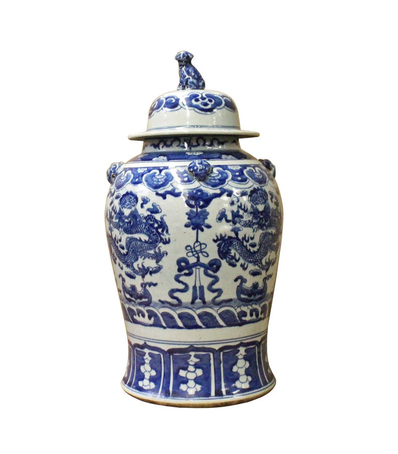 Chinese Blue & White Double Dragon Theme Porcelain Large General Jar cs3593E image 1