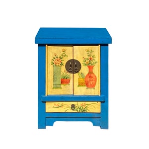 Chinese Rustic Bright Blue Yellow Graphic End Table Nightstand cs7355E image 2