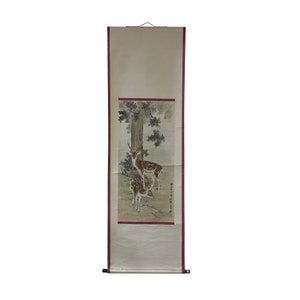 Vintage Chinese Color Ink Double Deer Scroll Painting Wall Art ws1977E image 1