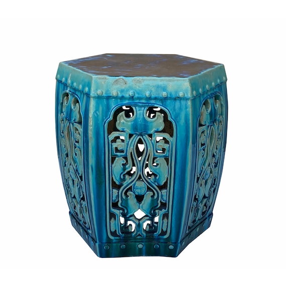 Ceramic Clay Green Turquoise Glaze Hexagon Motif Garden Stool Table Cs7023e Etsy UK