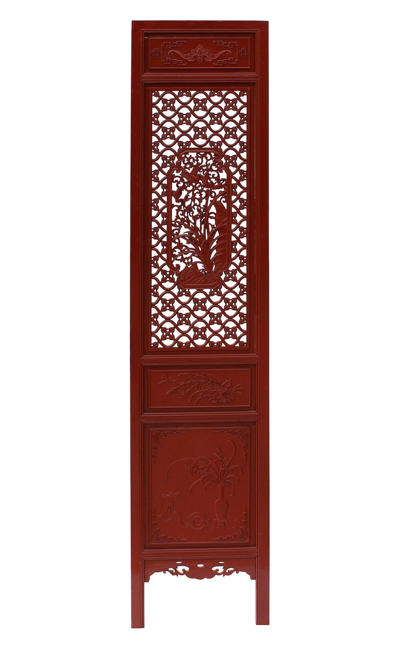 Chinese Red Paint Geometric Flower Bird Accent Narrow Floor Panel Headboard cs3569E image 1