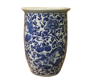 Chinese Blue White Double Dragons Scroll Pattern Tall Porcelain Pot ws1098E