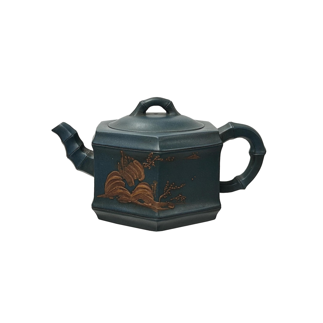 Vintage Chinese Gray Blue Hexagonal Bamboo Theme Zisha Clay Teapot