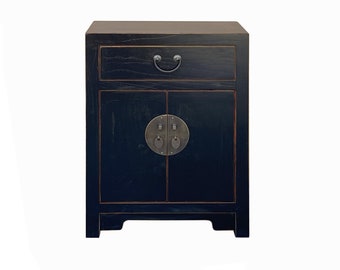 Distressed Wood Grain Black Lacquer Drawer End Table Nightstand cs7764E