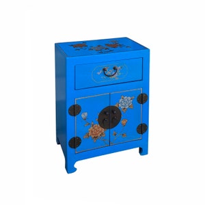 Chinese Bright Blue Vinyl Moon Face Flower Birds End Table Nightstand cs7131E image 4