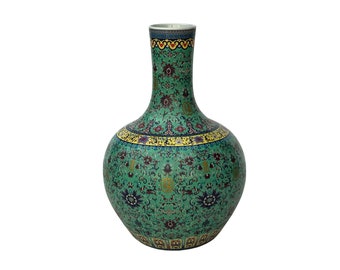 Vintage Chinese Turquoise Ceramic Enamel Flower Birds Theme Fat Vase ws3532E