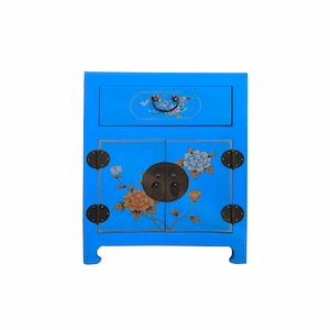 Chinese Bright Blue Vinyl Moon Face Flower Birds End Table Nightstand cs7131E image 1