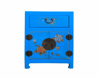 Chinese Bright Blue Vinyl Moon Face Flower Birds End Table Nightstand cs7131E