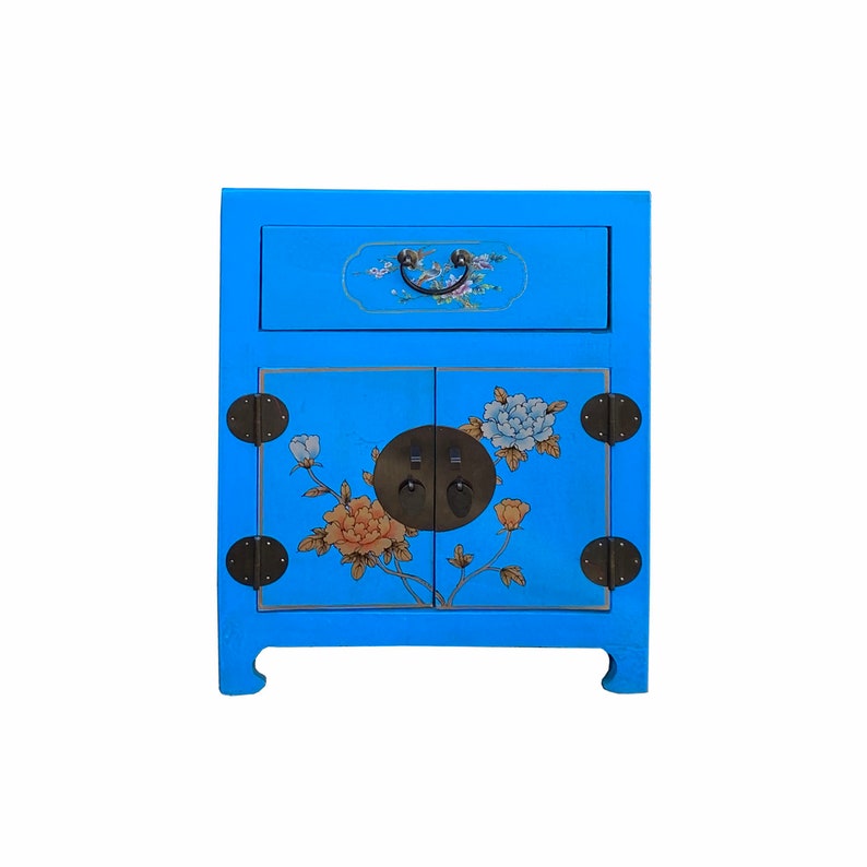 Chinese Bright Blue Vinyl Moon Face Flower Birds End Table Nightstand cs7131E image 1