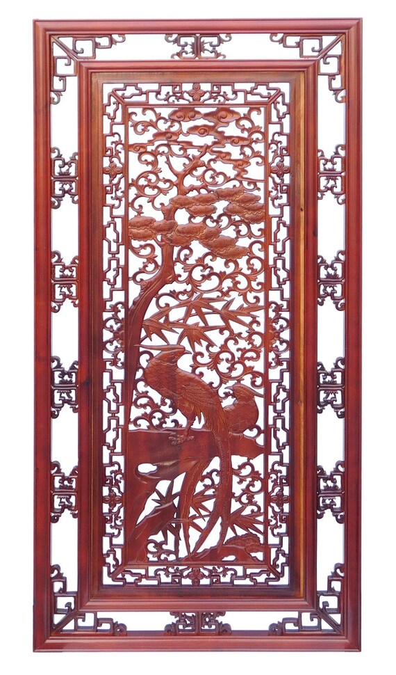 Handcrafted Quality Solid Wood Oriental Rectangular Vertical Birds Wood Wall Panel cs1362-2S Handcrafted Quality Solid Wood Oriental Rectangular Vertical Birds Wood Wall Panel cs1362-2S