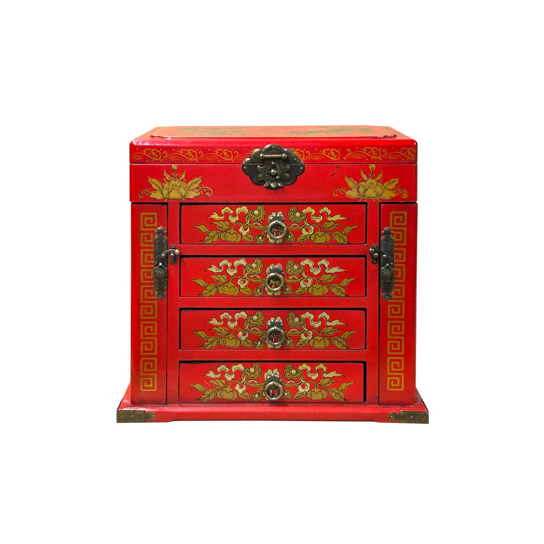 Chinese Oriental Red Dragon Phoenix Mirror Rectangular Jewelry Box