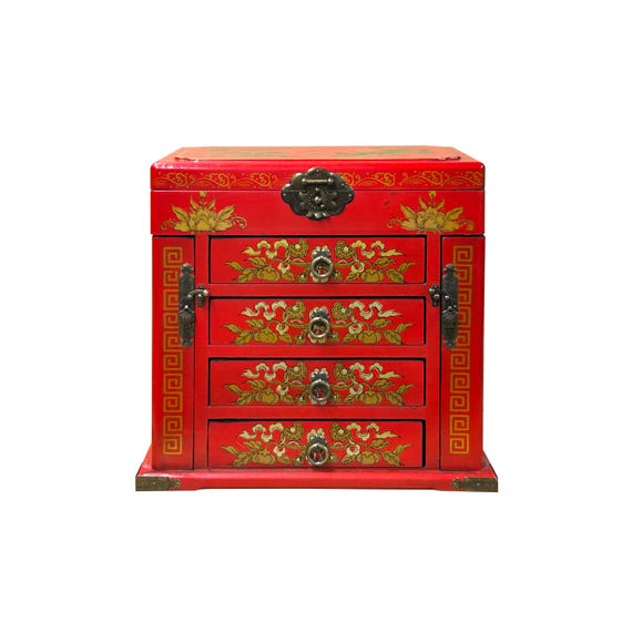 Chinese Oriental Red Dragon Phoenix Mirror Rectangular Jewelry Box