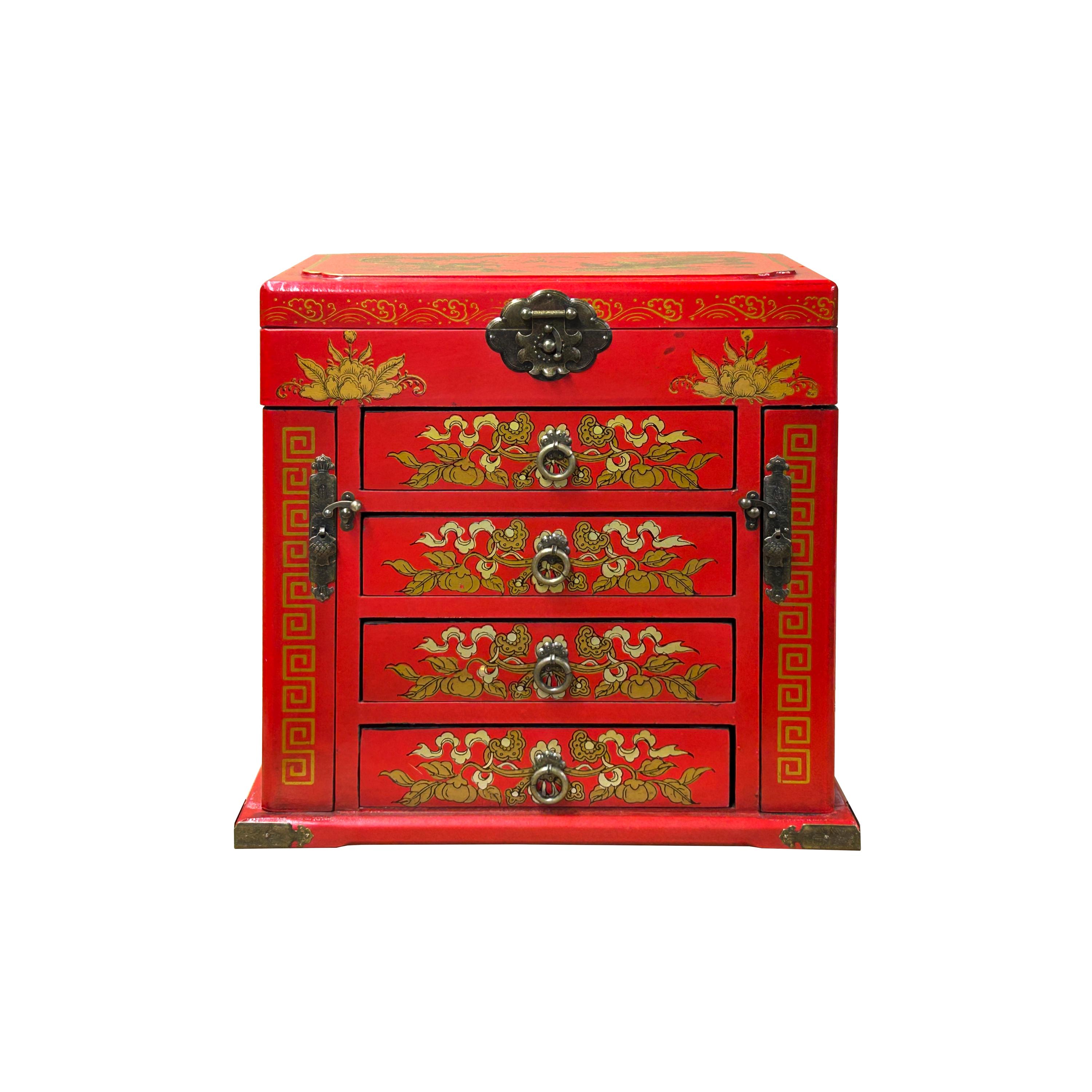 Chinese Oriental Red Dragon Phoenix Mirror Rectangular Jewelry Box