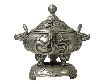 Chiński srebrny kolor okrągły kadzielnica z motywem smoka wyświetlacz ws907E