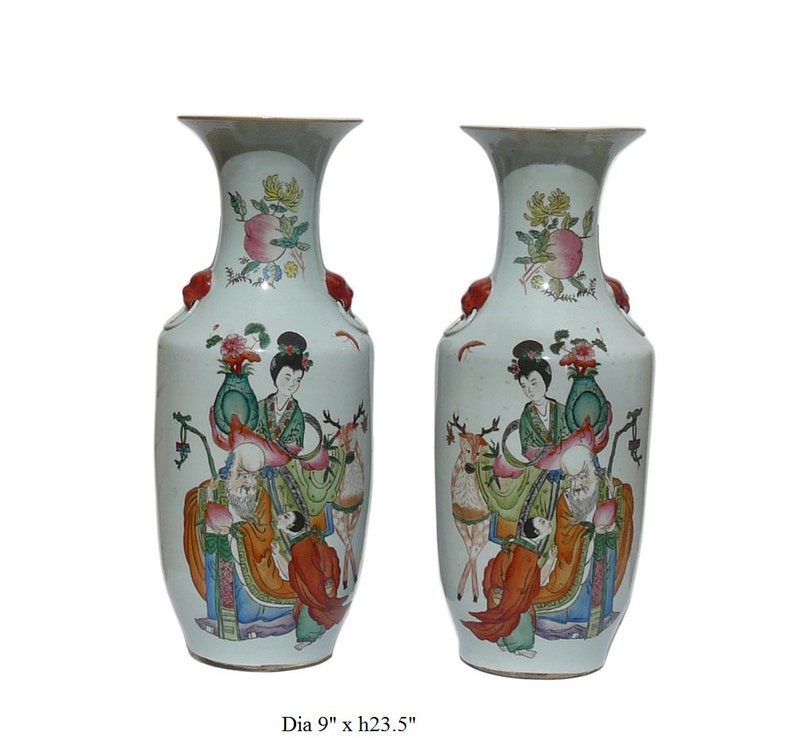 Pair Vintage Chinese Porcelain Oriental Scenery Vases cs651E image 5