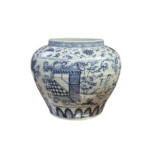 Vintage Chinese Blue White Porcelain Scenery Fat Body Vase Jar ws2717E image 2