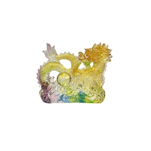 Chinese Orange Yellow Crystal Glass Dragon w Ball on Wave Figure ws3652E