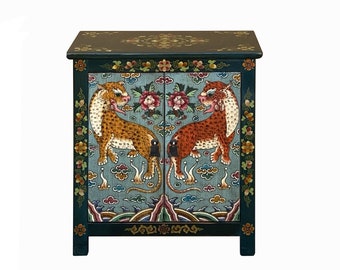 Tibetan Oriental Teal Green Light Blue Jaguars End Table Nightstand cs7748E