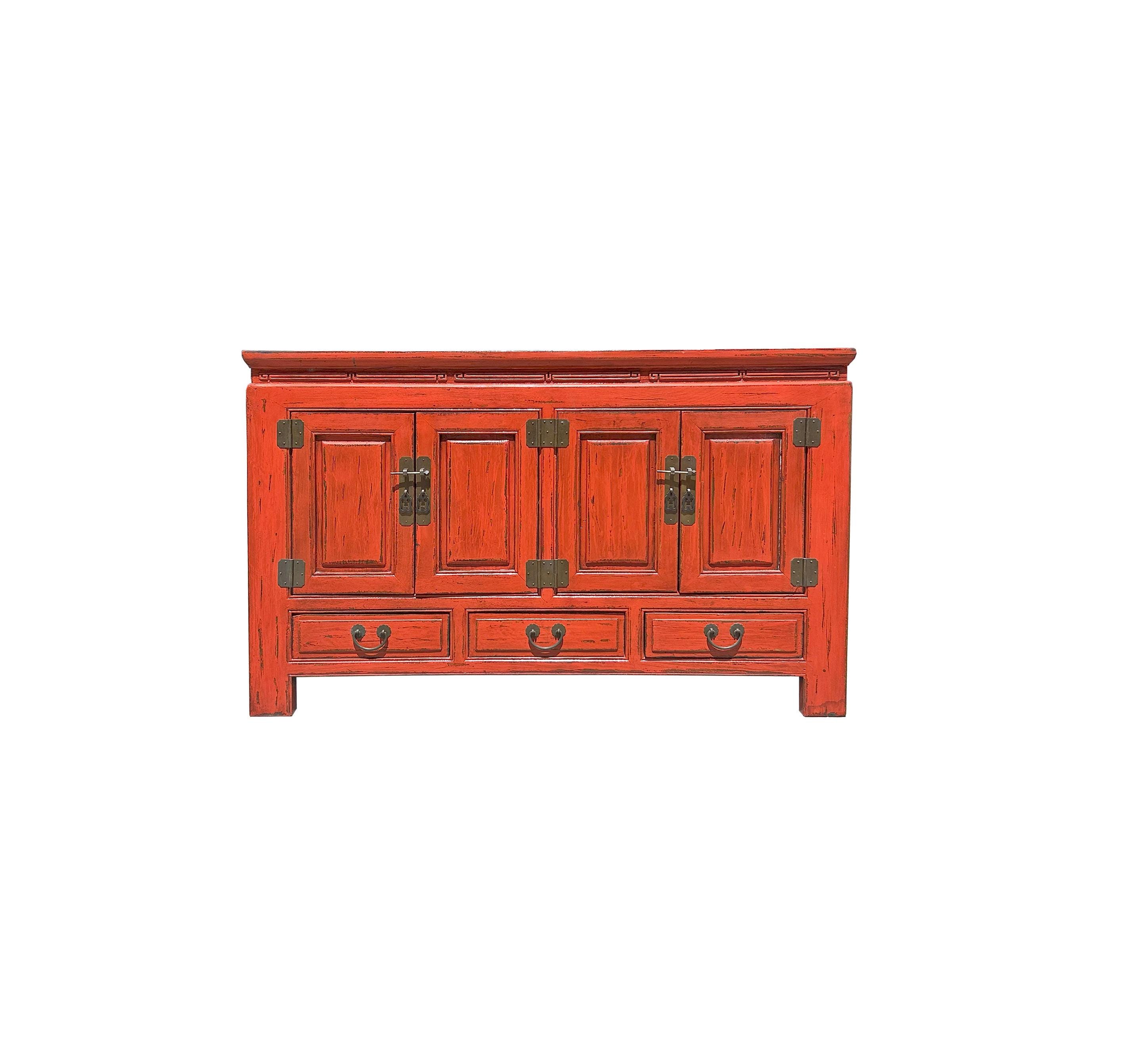 Oriental Distressed Brick Orange Red Lacquer Low Table TV Console