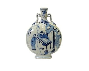 Chinese Blue White Porcelain People Graphic Round Shape Flat Vase ws3164E