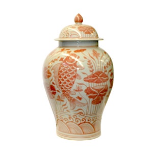 Coral Pink Orange Off White Flowers Fishes Graphic Round Ceramic Jar ws1142E image 2