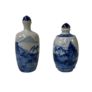 2 x Chinese Porcelain Snuff Bottle With Blue White Scenery Graphic ws1326E