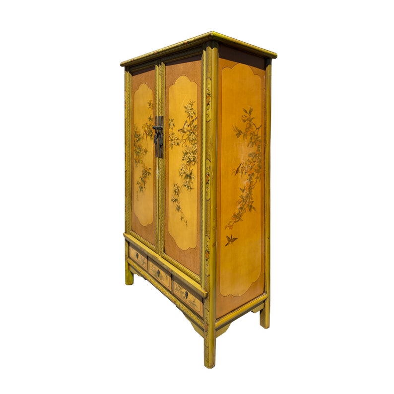 Chinese Olive Green Yellow Flower Graphic Armoire Wardrobe Cabinet cs7309E image 3