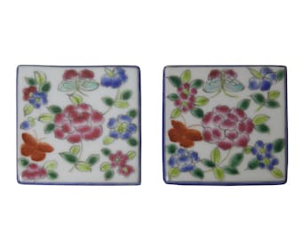 Hand Painted Flower Graphic Square Porcelain Coaster / Tile 2 Pcs ws722E