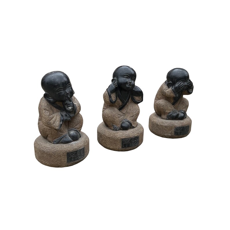 Large Set 3 Black Gray Brown Stone Kid Monk Lohon Do No Evil Figures cs7658AE image 5