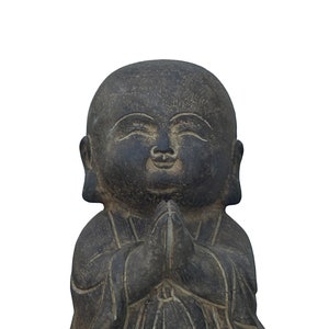 Chinese Dark Gray Stone Anjali Mudra Standing Cute Lohon Monk Statue ws3623E image 8