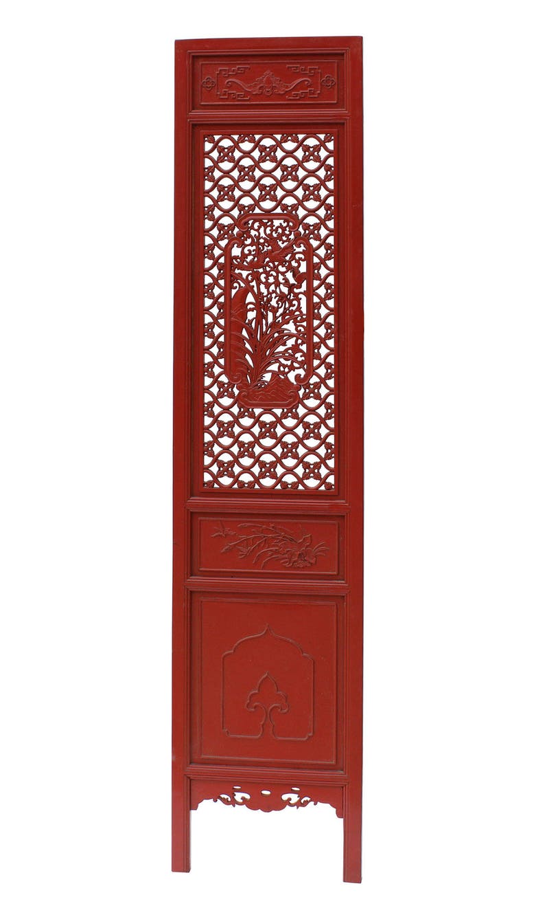 Chinese Red Paint Geometric Flower Bird Accent Narrow Floor Panel Headboard cs3569E image 6