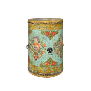 Distressed Chinese Tibetan Drum Shape Turquoise Crackle Floral Side Table cs7518E image 3