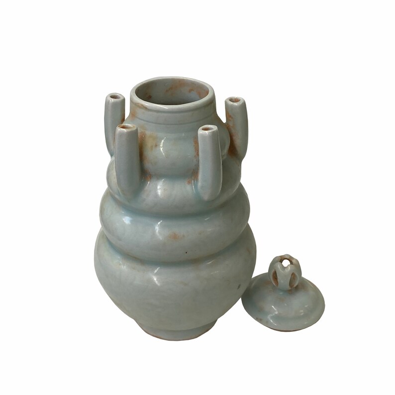 Chinese Handmade Ceramic Celadon White 5 Mouths Motif Jar ws1779E image 3