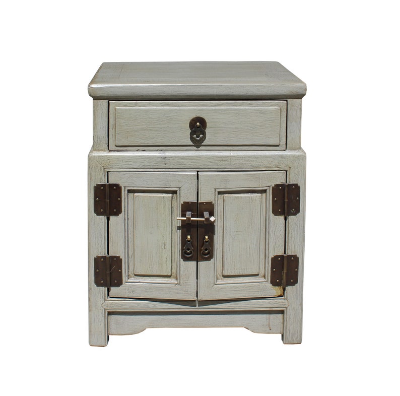 Chinese Distressed Light Gray Metal Hardware End Table Nightstand cs3917E image 1