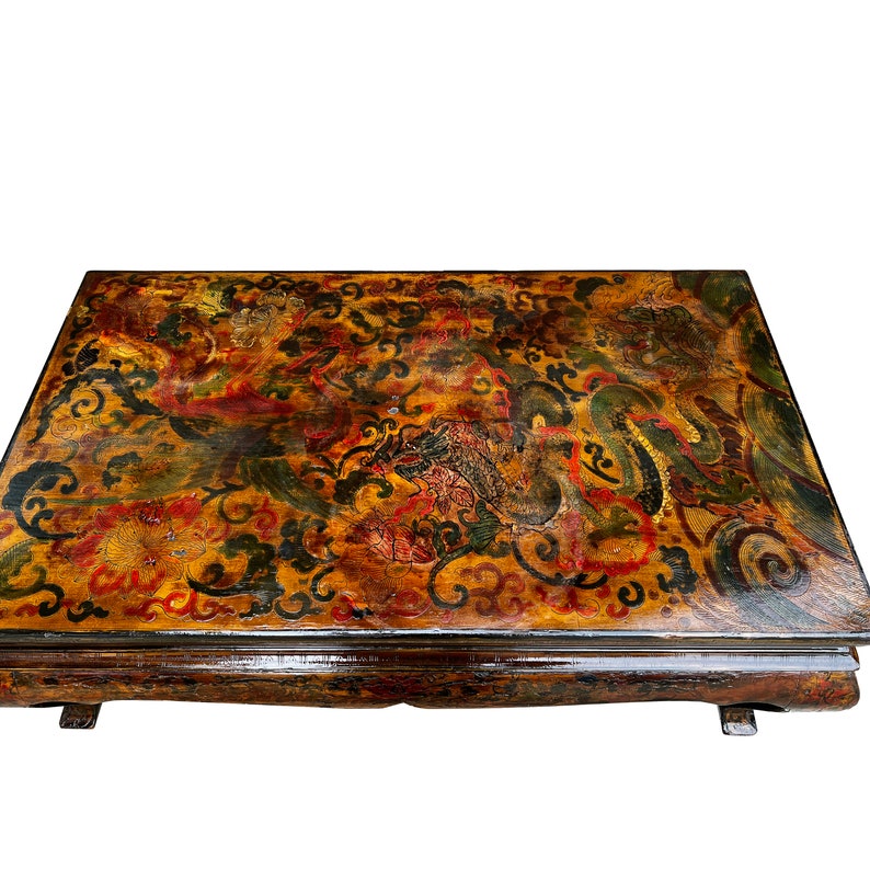 Chinese Tibetan Yellow Brown Dragon Head Lacquer Low Coffee Table ws2739E image 3