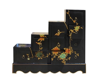 Oriental Black Color Vinyl Flower Birds Step Tansu Cabinet cs5776E