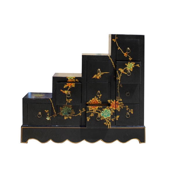 Oriental Black Color Vinyl Flower Birds Step Tansu Cabinet cs5776E