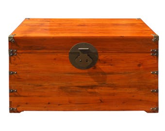 Oriental Chinese Brown Wood Moon Face Hardware Trunk Table cs3160E