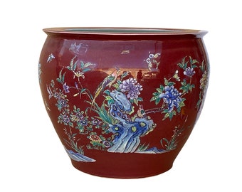 Chinese Oriental Vintage Porcelain Red Flower Birds Graphic Pot ws1601E