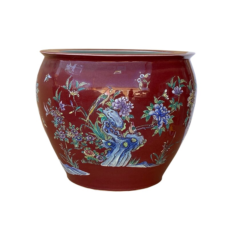 Chinese Oriental Vintage Porcelain Red Flower Birds Graphic Pot ws1601E image 1