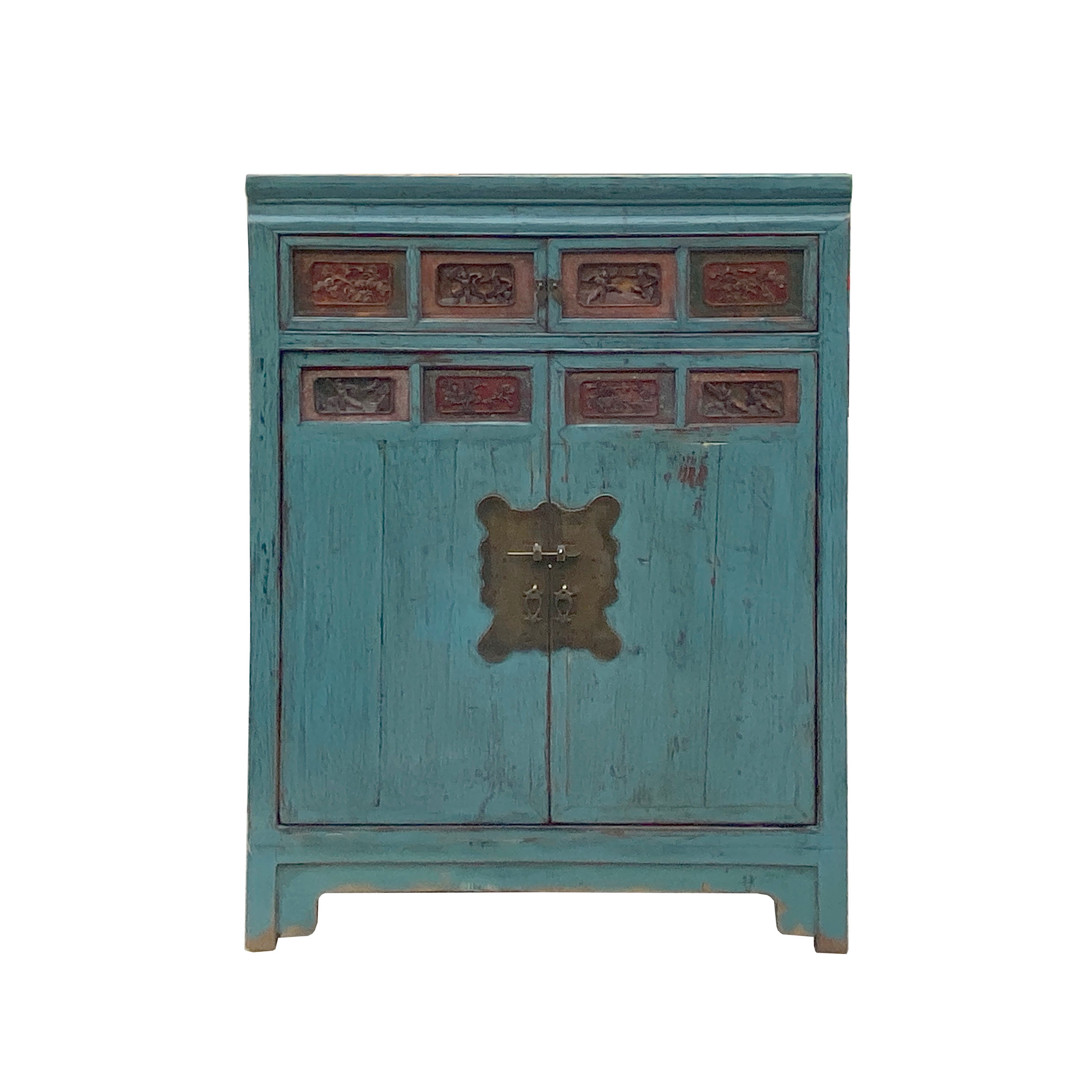 Chinese Vintage Carving Panel Tall Credenza Blue Storage Cabinet
