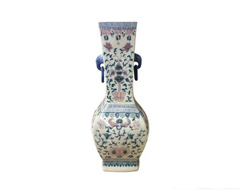 Vintage Oriental Porcelain White Blue Pink Color Flower Bats Graphic Art Vase ws3847E