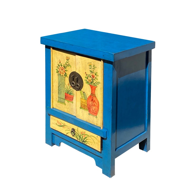 Chinese Rustic Bright Blue Yellow Graphic End Table Nightstand cs7355E image 4