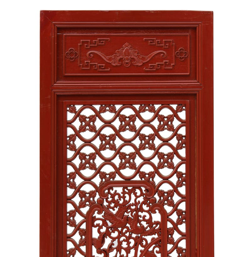 Chinese Red Paint Geometric Flower Bird Accent Narrow Floor Panel Headboard cs3569E image 3